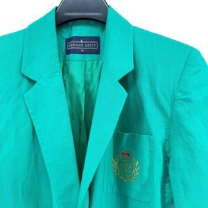 Herman Geist Womens 10 Pre-Owned Teal Green Blazer with Crest Detail Linen Blend